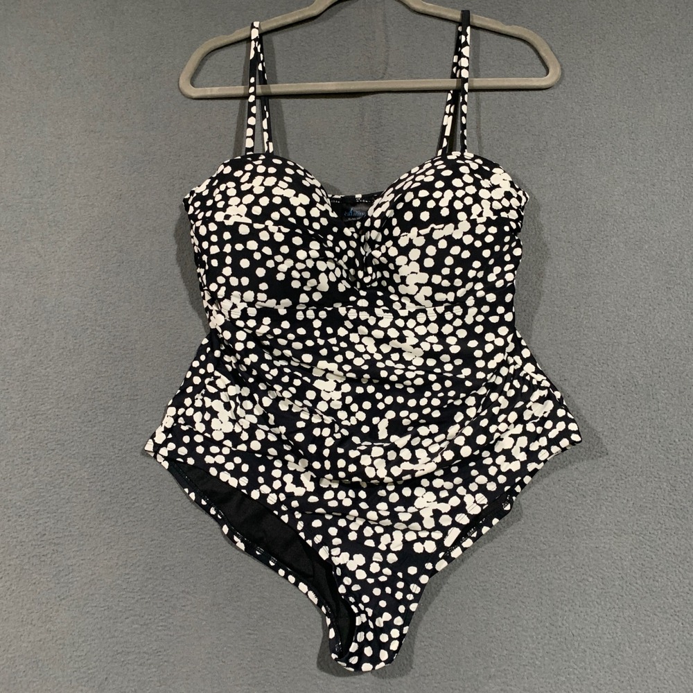 Catalina Womens XL 16-18 One Piece Swimsuit Black White Polka Dot Ruched Ruched